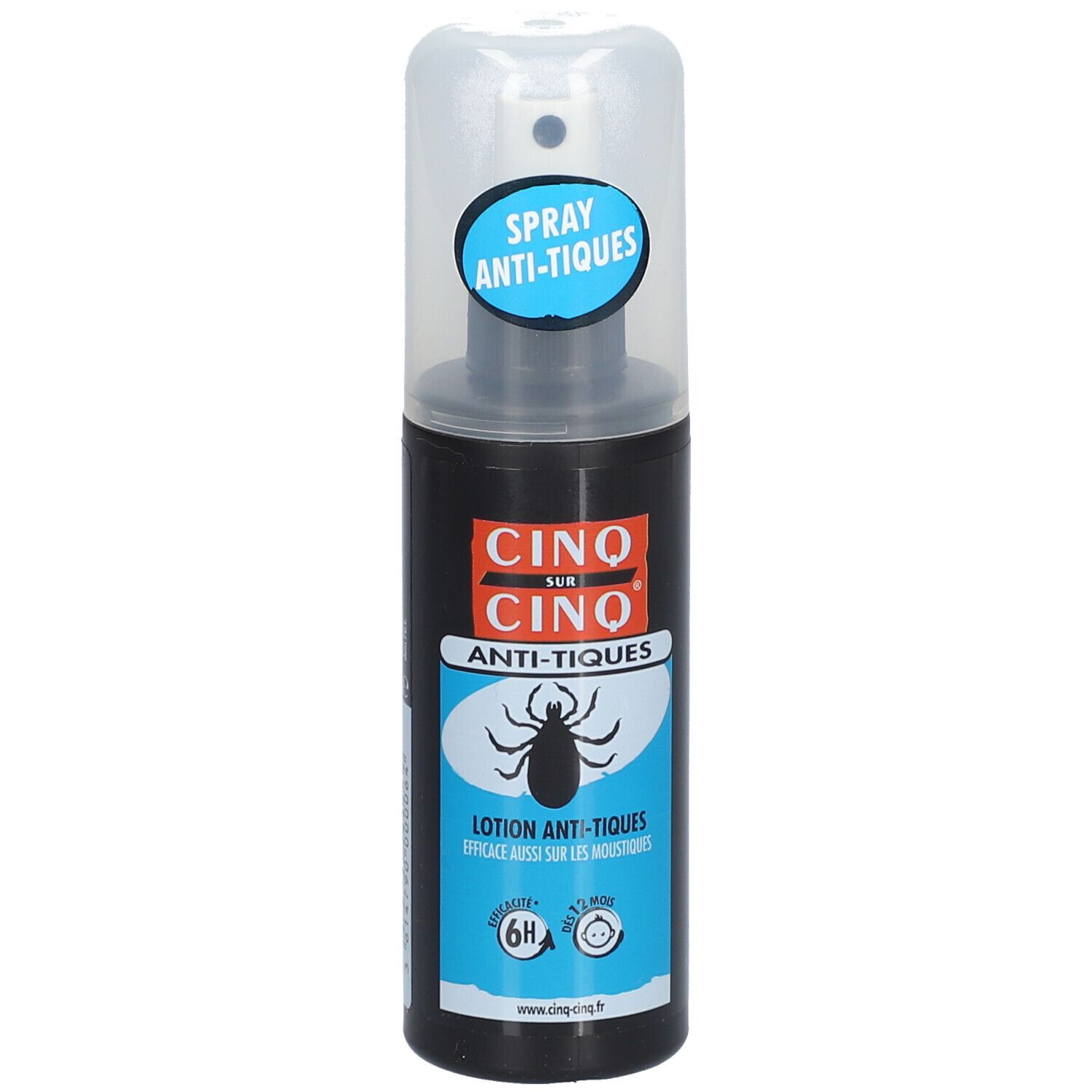Flacon spray noir avec bouchon blanc. Étiquette avec nom du produit et illustration de tique. Éléments bleus et oranges.