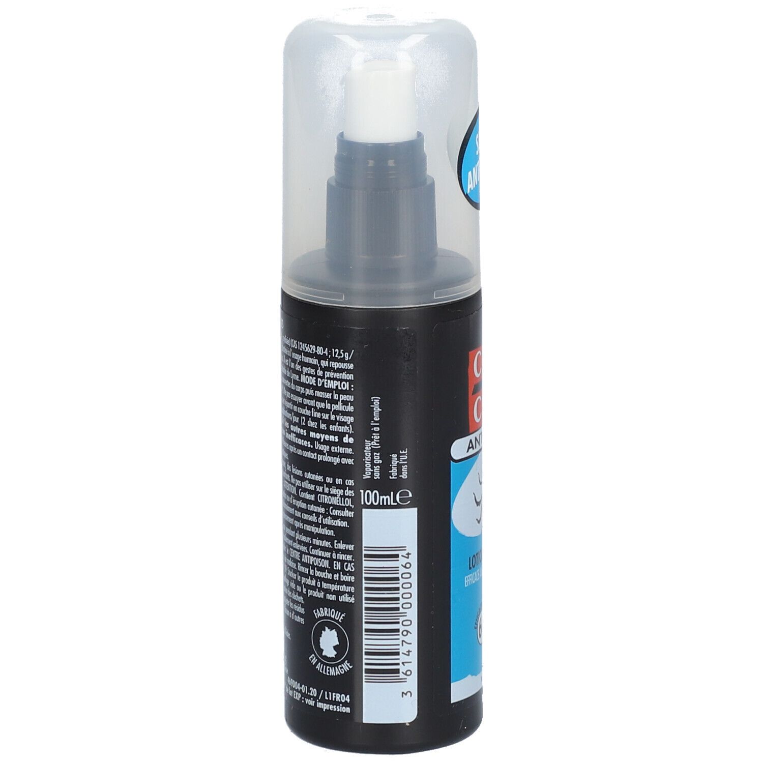 Flacon spray noir avec bouchon blanc. Étiquette produit avec texte et code-barres. Contient des informations multilingues.