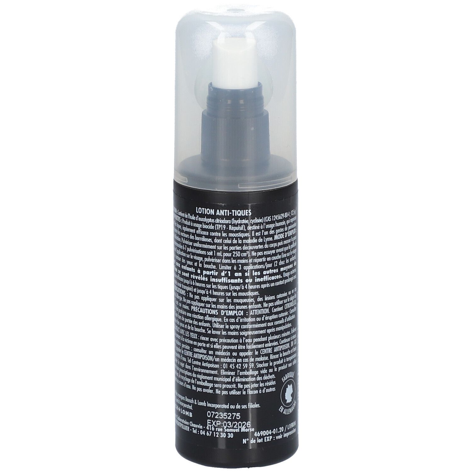 Flacon spray noir avec bouchon blanc. Dos avec texte. Contient des informations multilingues.
