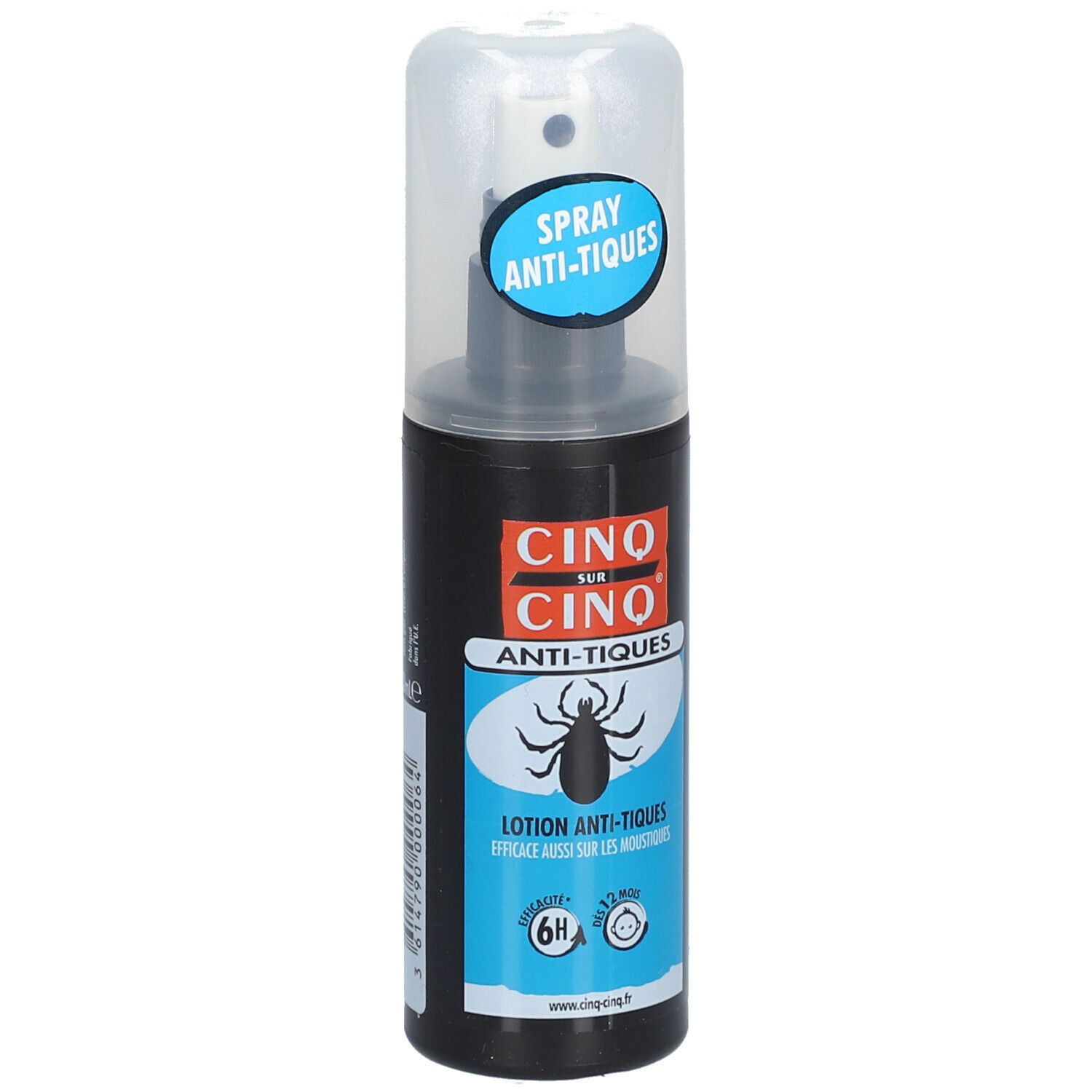 Flacon spray noir avec bouchon blanc. Étiquette avec nom du produit et illustration de tique. Éléments bleus et oranges.