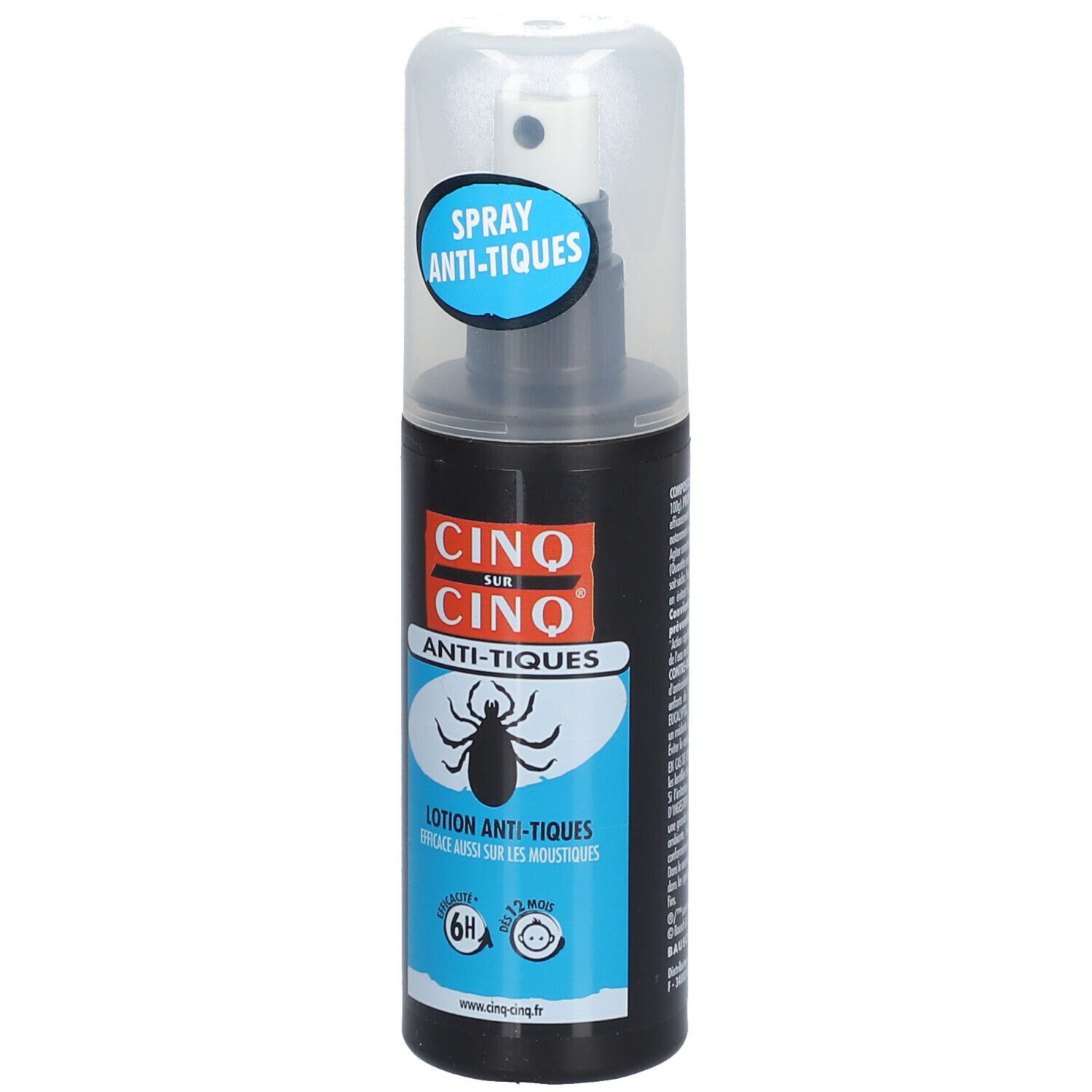 Flacon spray noir avec bouchon blanc. Étiquette avec nom du produit et illustration de tique. Éléments bleus et oranges.