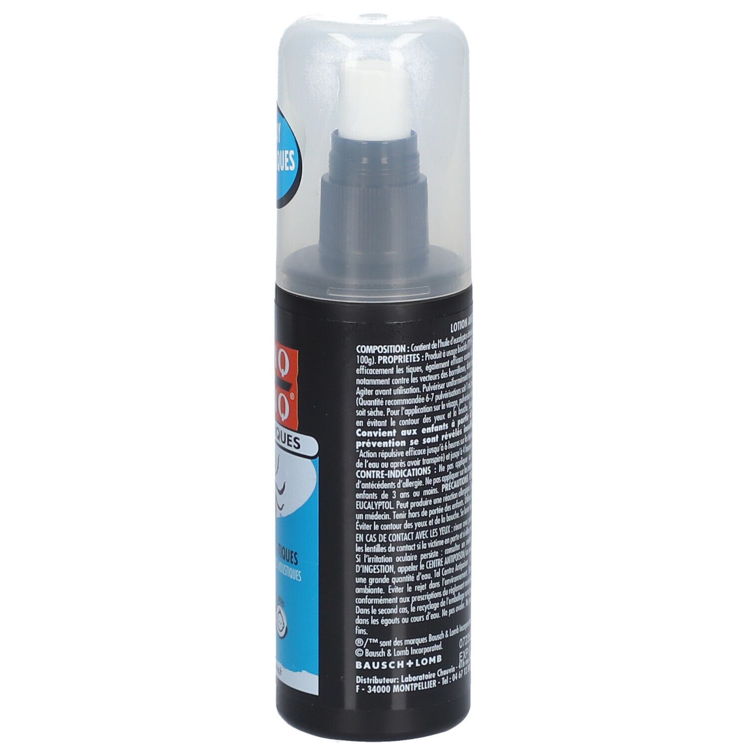 Flacon spray noir avec bouchon blanc. Étiquette produit avec texte. Contient des informations multilingues.
