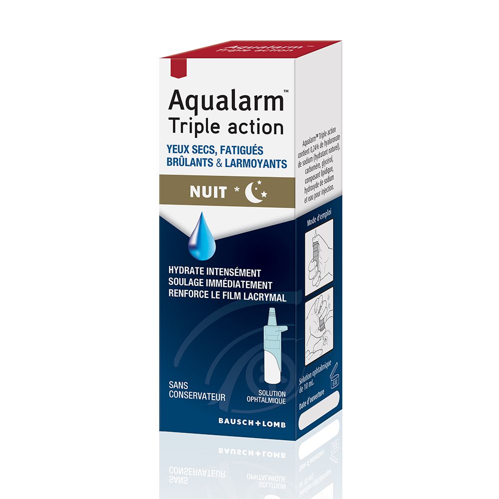 Aqualarm Triple action. Hydratatie voor droge, vermoeide, branderige en tranende ogen. Nuit. Bausch + Lomb.