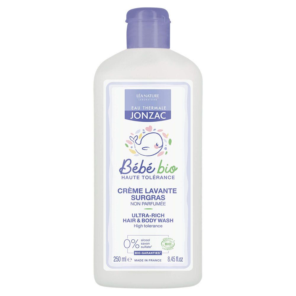 Wit flesje met paarse dop. Opschrift: Jonzac Bébé Bio, Crème Lavante Surgras, Ultra-Rich Hair & Body Wash.
