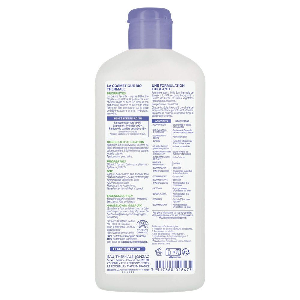 Achterkant van het witte flesje. Tekst: ingrediënten, gebruiksaanwijzing, bio-certificering, Flacon vegetal.