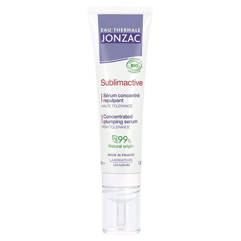 Jonzac Sublimactive serum tube. Wit, paars en groen. Tekst: Eau Thermale Jonzac, Sublimactive, Sérum concentré repulpant, 99% Natural origin.