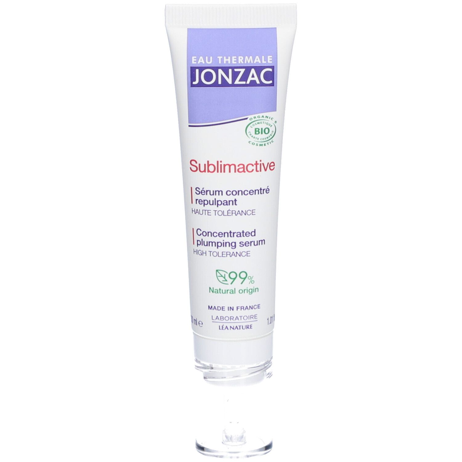 Jonzac Sublimactive serum tube. Wit, paars en groen. Tekst: Eau Thermale Jonzac, Sublimactive, Sérum concentré repulpant, 99% Natural origin.
