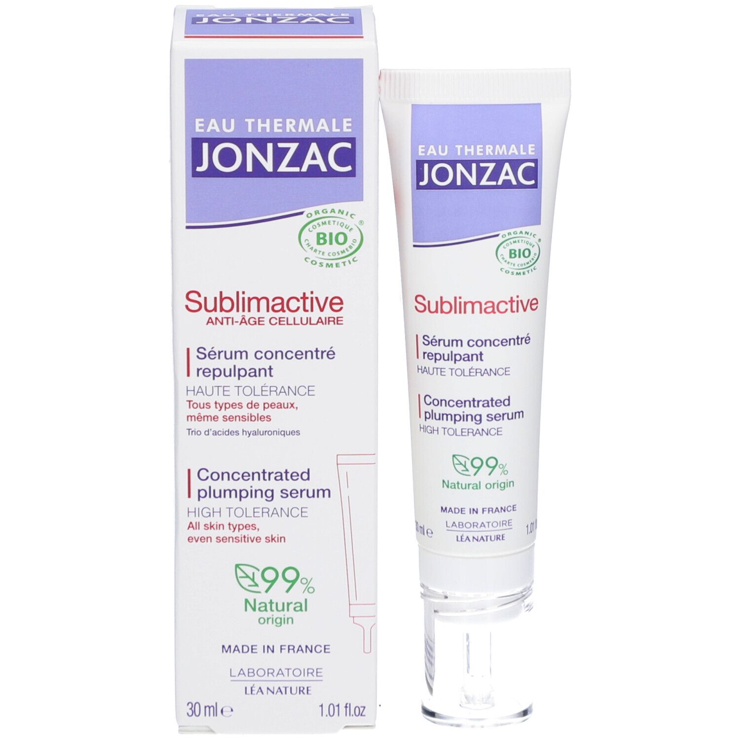 Jonzac Sublimactive serum verpakking en tube. Wit, paars en rood. Tekst: Eau Thermale Jonzac, Sublimactive, Sérum concentré repulpant, 99% Natural origin.