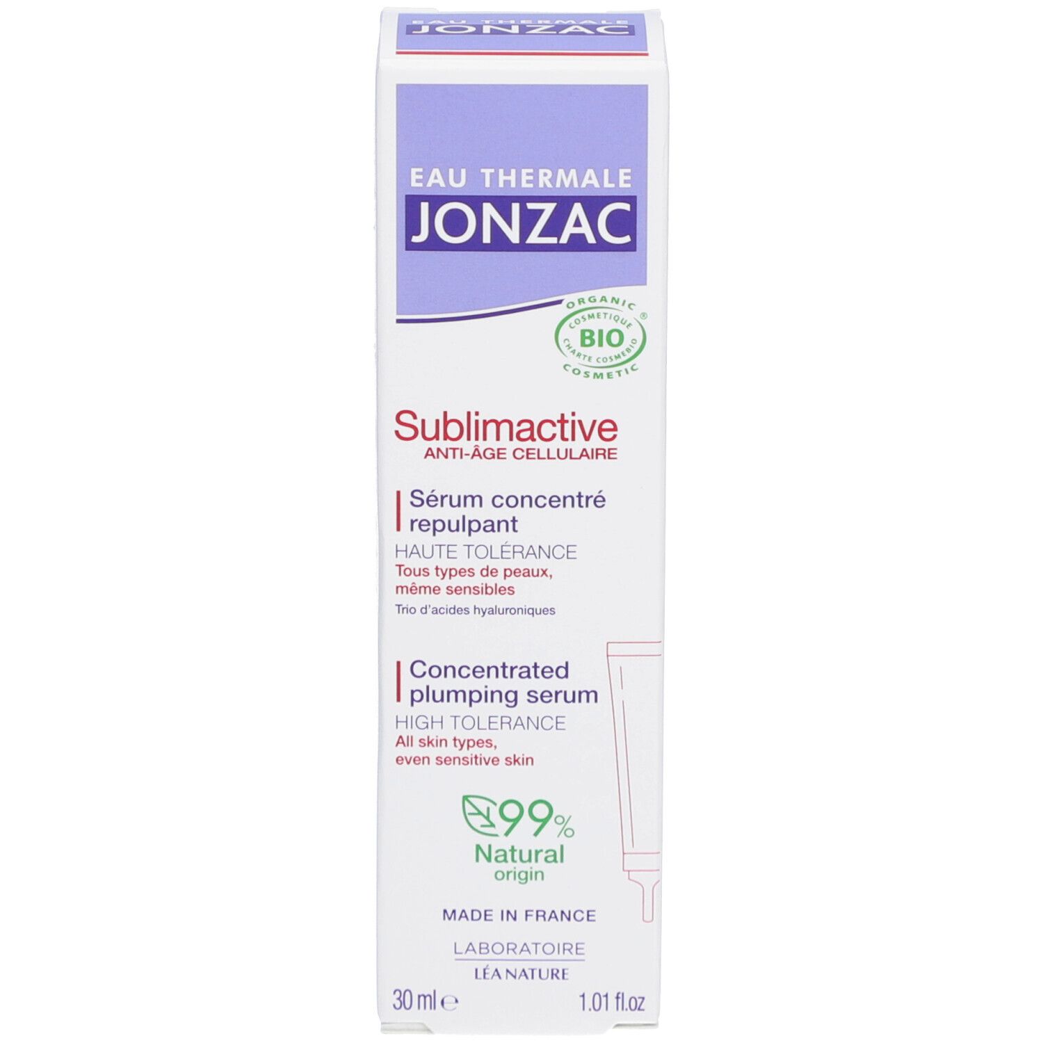 Jonzac Sublimactive serum verpakking. Wit, paars en rood. Tekst: Eau Thermale Jonzac, Sublimactive, Sérum concentré repulpant, 99% Natural origin.