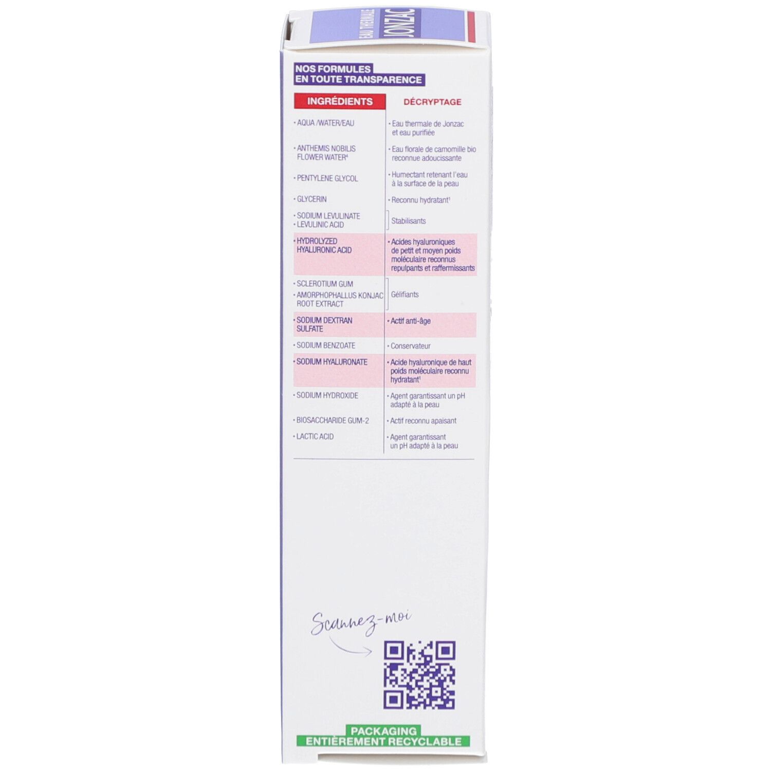 Achterkant van de Jonzac Sublimactive serum verpakking. Tekst: Ingrédients, Decryptage, Packaging entièrement recyclable.