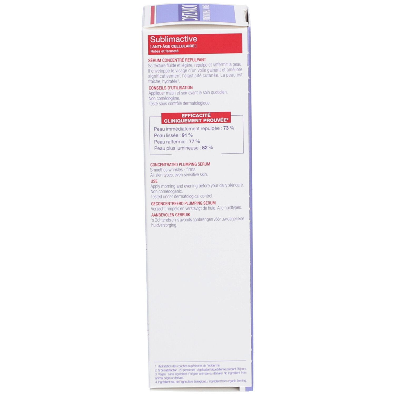 Zijkant van de Jonzac Sublimactive serum verpakking. Tekst: Sublimactive, Sérum concentré repulpant, Efficacité cliniquement prouvée.