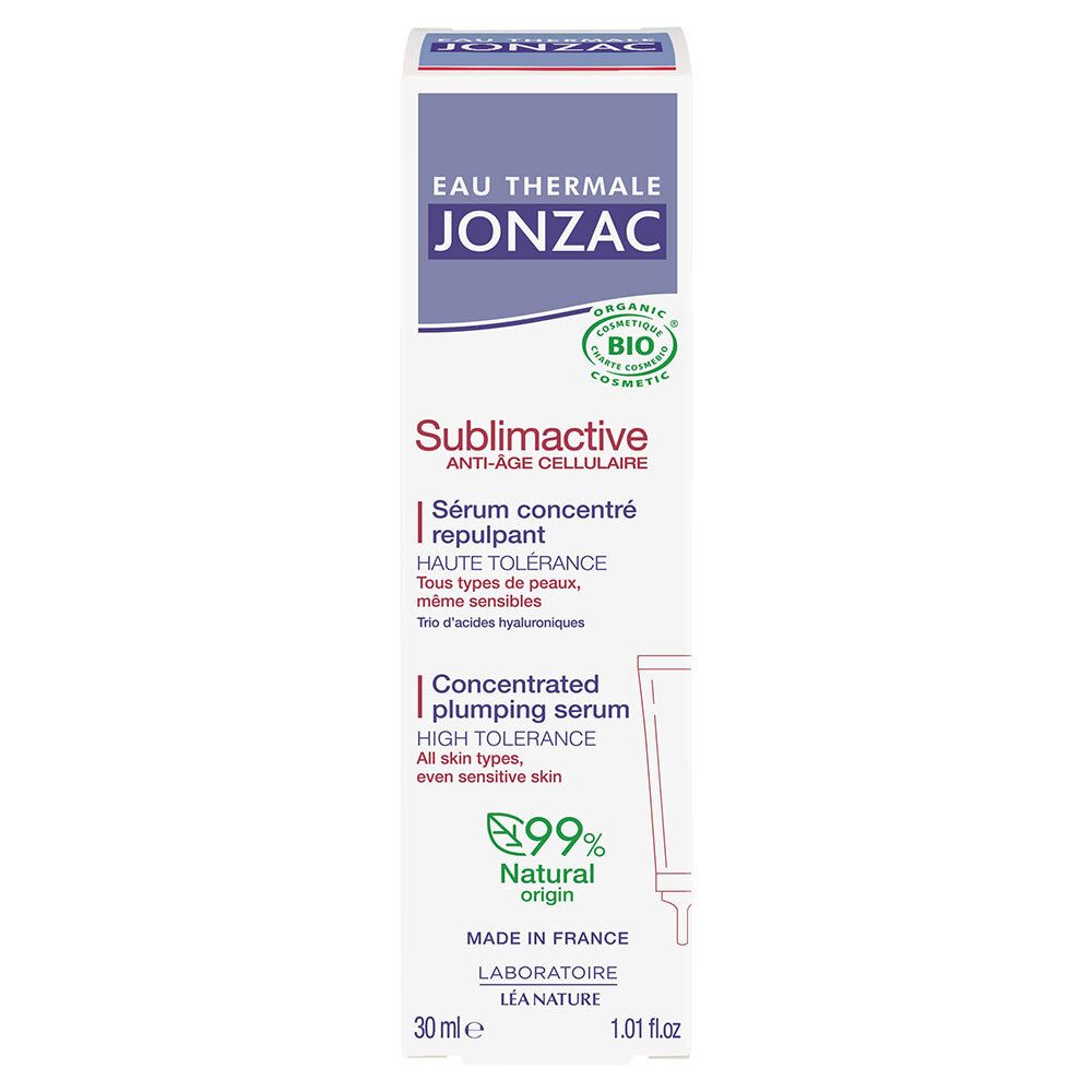 Jonzac Sublimactive serum verpakking. Wit, paars en rood. Tekst: Eau Thermale Jonzac, Sublimactive, Sérum concentré repulpant, 99% Natural origin.