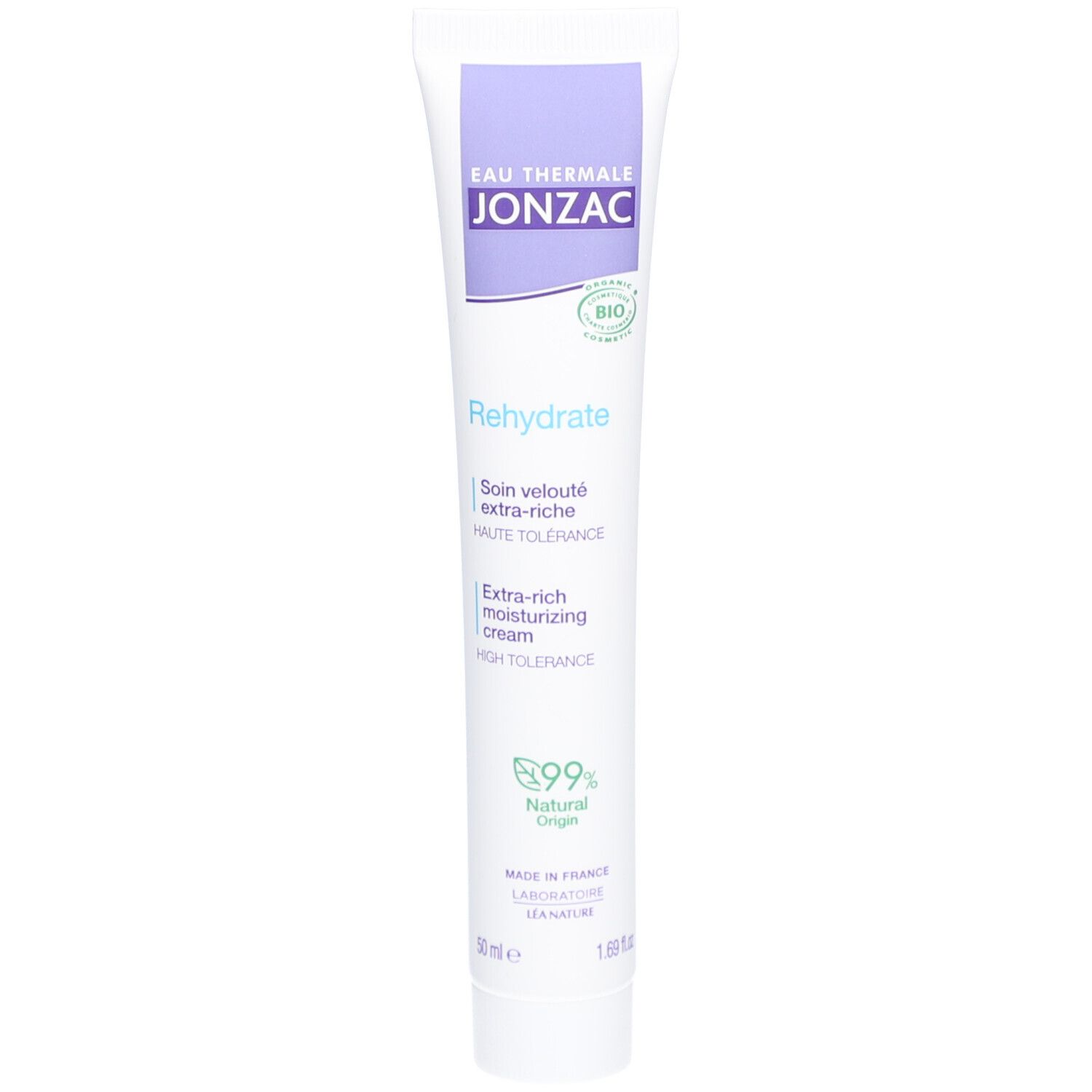 Jonzac Eau Thermale tube. Wit, paars. Tekst: Rehydrate, Extra-rich moisturizing cream, 99% Natural Origin. Achterkant.