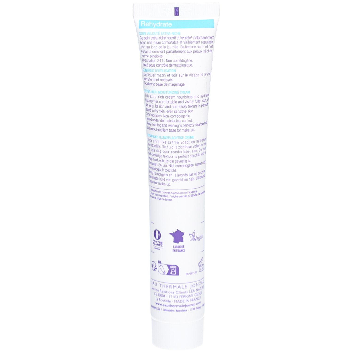 Jonzac Eau Thermale verpakking. Wit, paars. Tekst: Rehydrate, Extra-rich moisturizing cream, 99% Natural Origin.