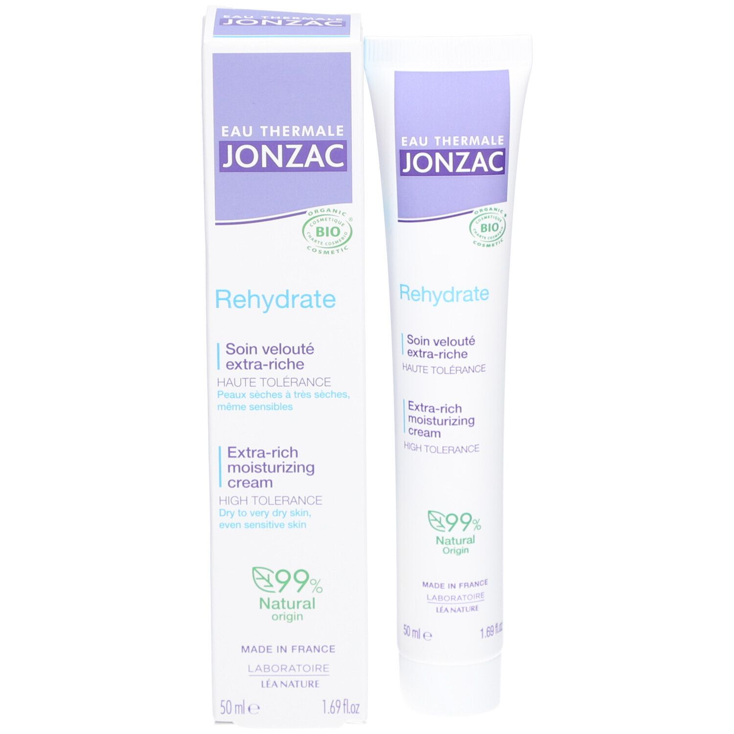 Jonzac Eau Thermale tube en verpakking. Wit, paars. Tekst: Rehydrate, Extra-rich moisturizing cream, 99% Natural Origin.