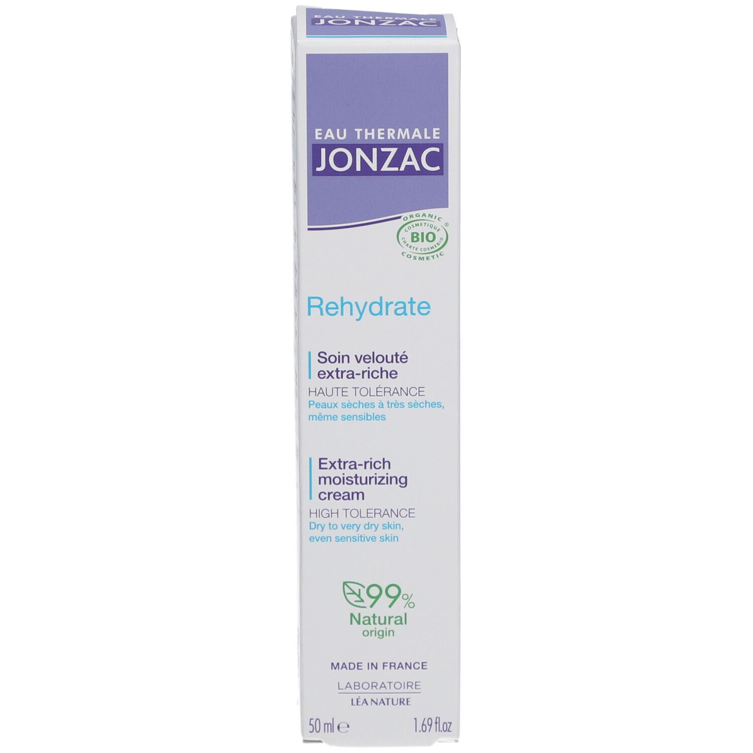 Jonzac Eau Thermale verpakking. Wit, paars. Tekst: Ingrediënten, recyclebare verpakking, veganistisch.