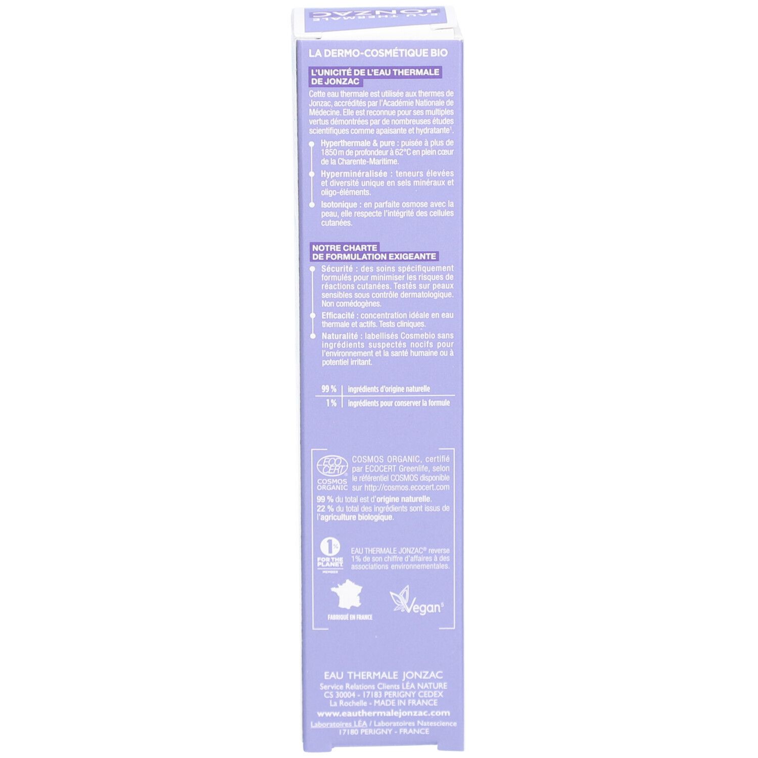Jonzac Eau Thermale verpakking. Wit, paars. Tekst: Rehydrate, Ingrediënten, recyclebare verpakking, veganistisch.