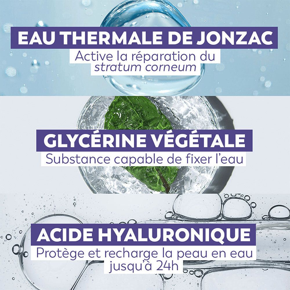 Tekstborden met ingrediënten: Eau Thermale de Jonzac, Glycerine, Hyaluronzuur. Grafieken van water en bladeren.