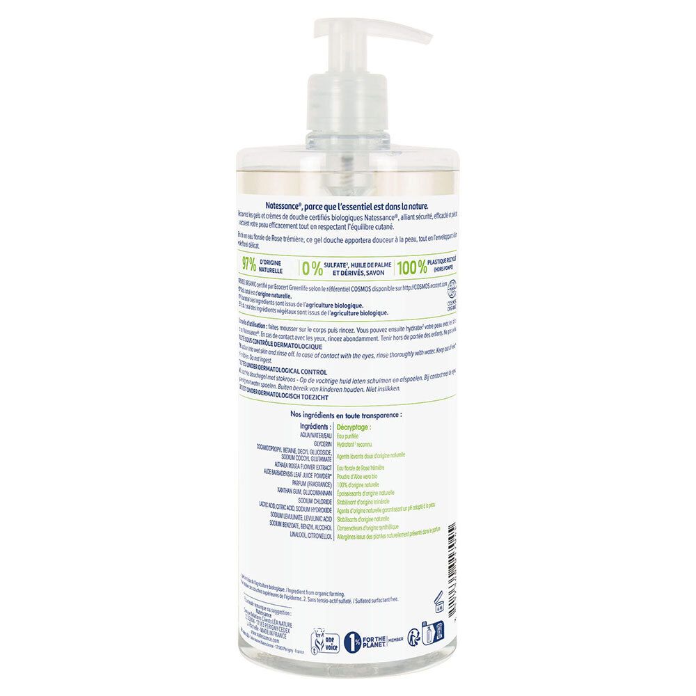 Achterkant van een transparante fles met doseerpomp. Tekst met ingrediënten en certificeringen. Groene achtergrond.