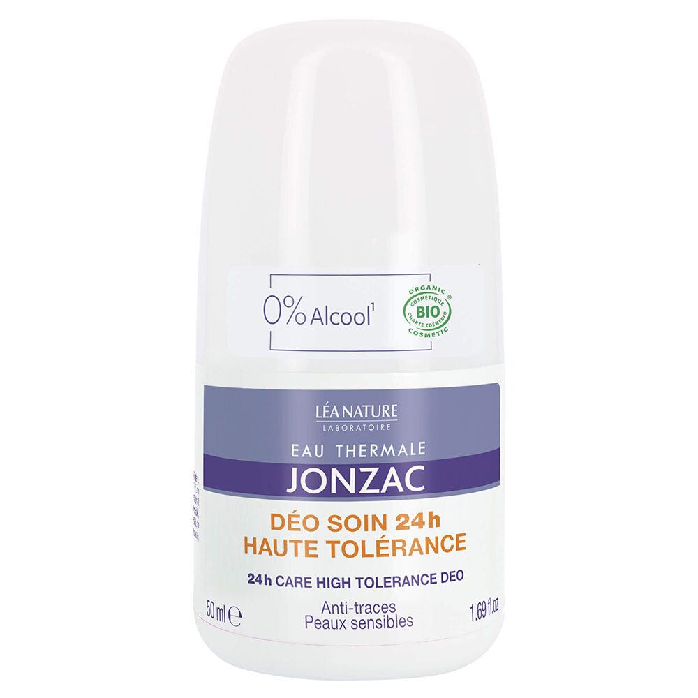 Witte deodorantroller met paarse accenten. Opschrift: JONZAC, 0% Alcohol, bio-certificering. Voor gevoelige huid.