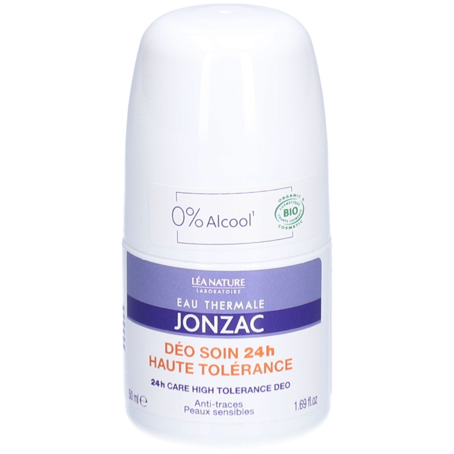 Witte deodorantroller met paarse accenten. Opschrift: JONZAC, 0% Alcohol, bio-certificering. Voor gevoelige huid.