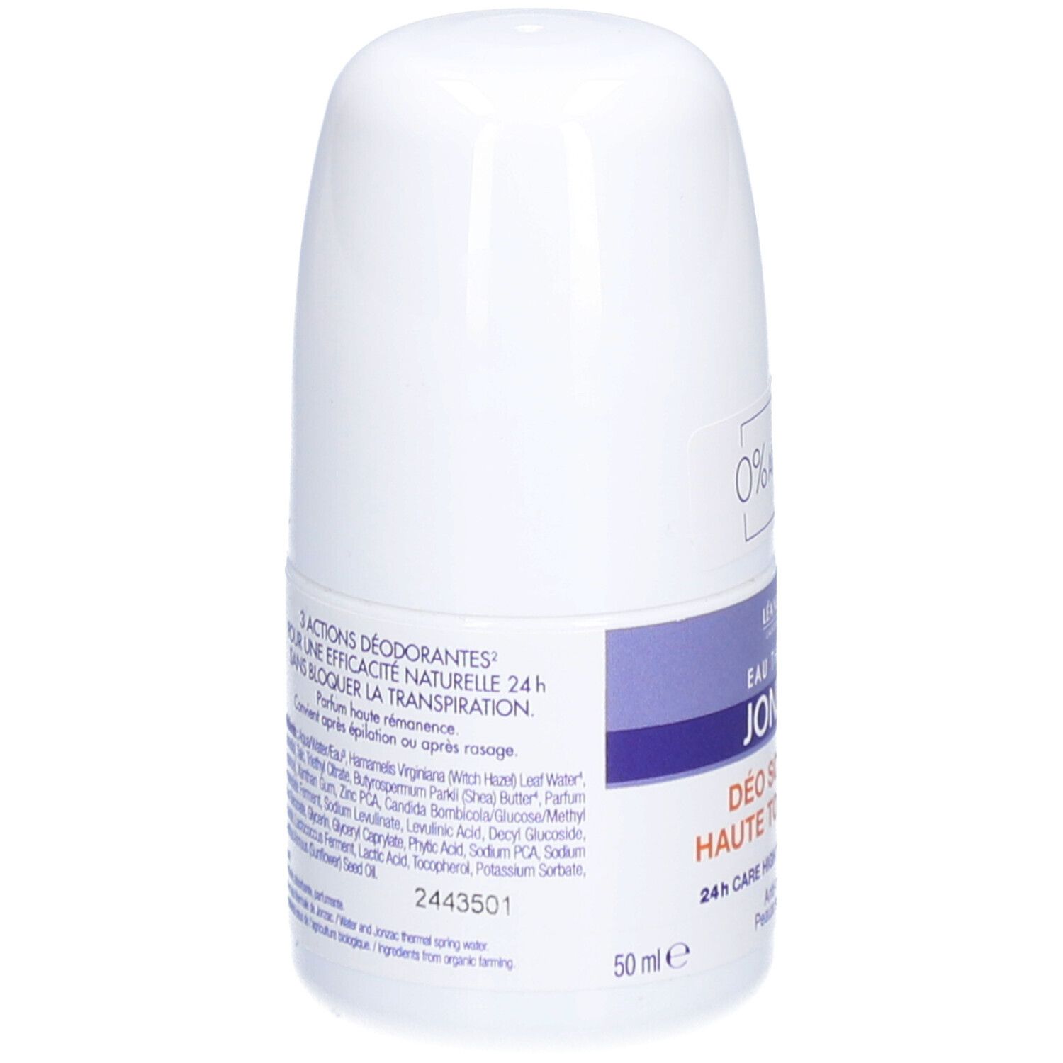 Achterkant van de deodorantroller. Opschrift: 3 acties, ingrediënten, 24u werking, bio-certificering. 50ml.
