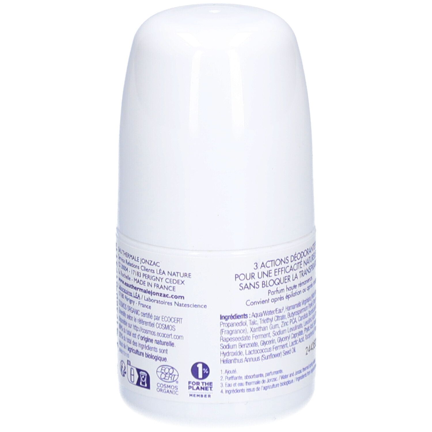 Achterkant van de deodorantroller. Opschrift: EAU THERMALE JONZAC, ingrediënten, bio-certificering, herkomst. Barcode.