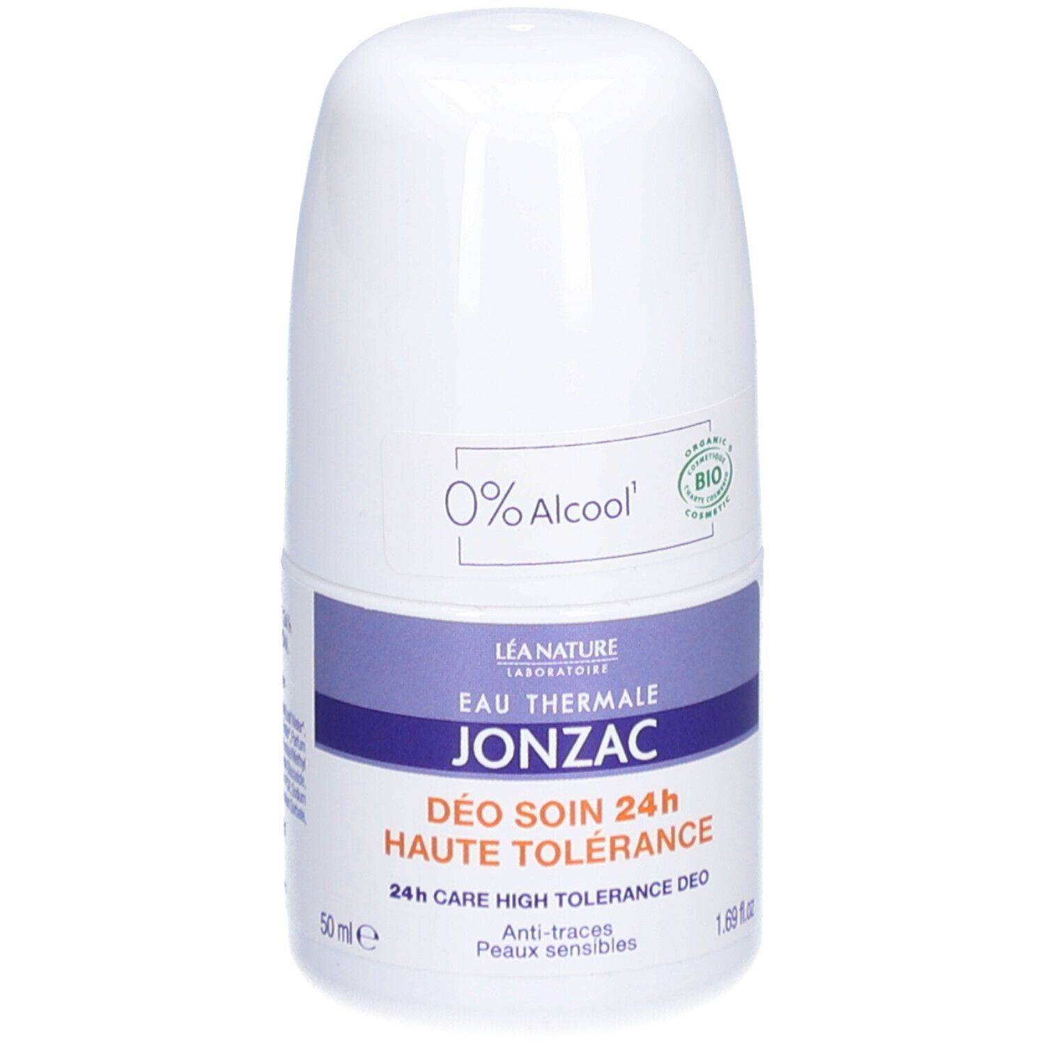 Witte deodorantroller met paarse accenten. Opschrift: JONZAC, 0% Alcohol, bio-certificering. Voor gevoelige huid.