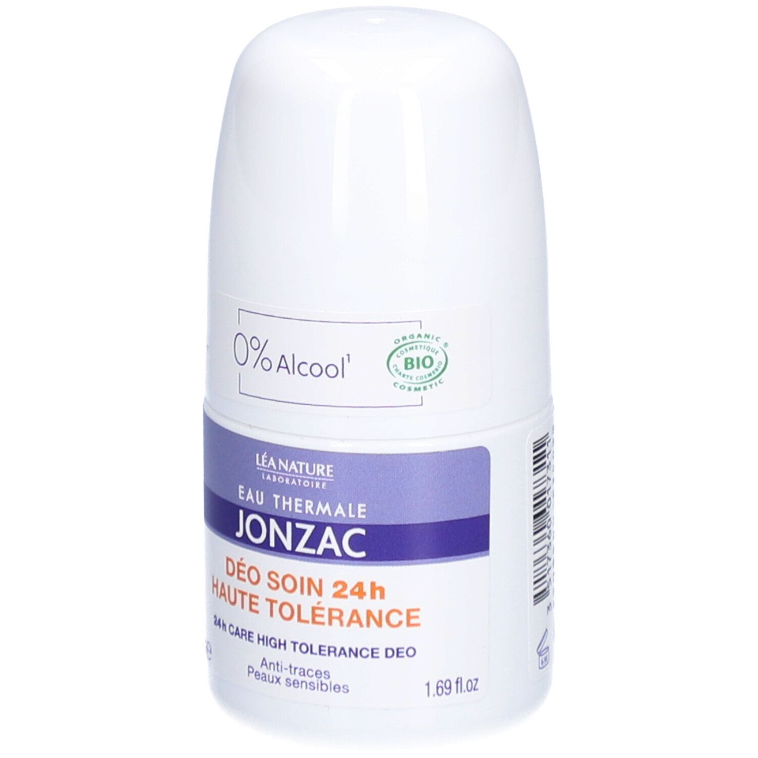 Witte deodorantroller met paarse accenten. Opschrift: JONZAC, 0% Alcohol, bio-certificering. Voor gevoelige huid.