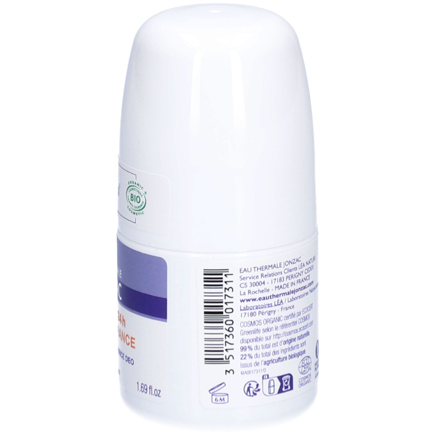 Achterkant van de deodorantroller. Opschrift: EAU THERMALE JONZAC, ingrediënten, bio-certificering, herkomst. Barcode.
