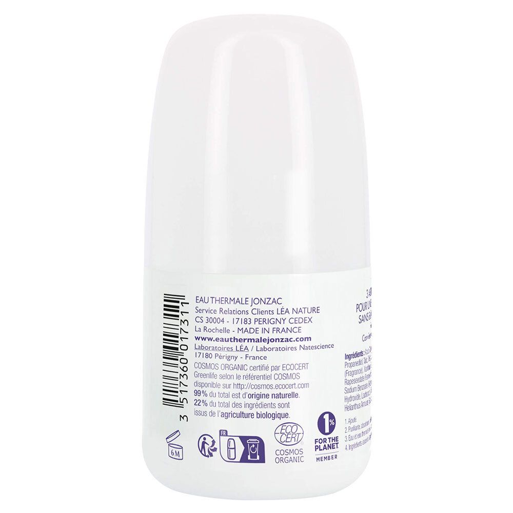 Achterkant van de deodorantroller. Opschrift: EAU THERMALE JONZAC, ingrediënten, bio-certificering, herkomst. Barcode.