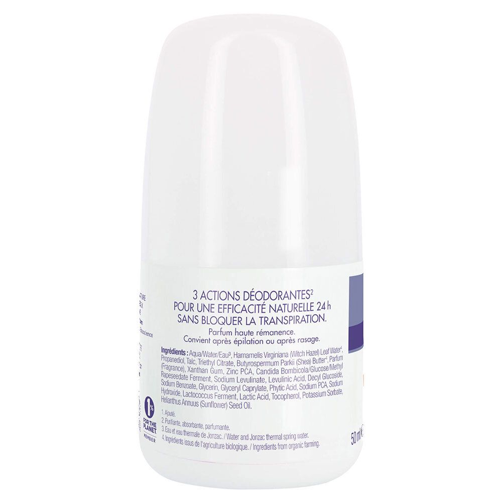 Achterkant van de deodorantroller. Opschrift: 3 acties, ingrediënten, 24u werking, bio-certificering. 50ml.