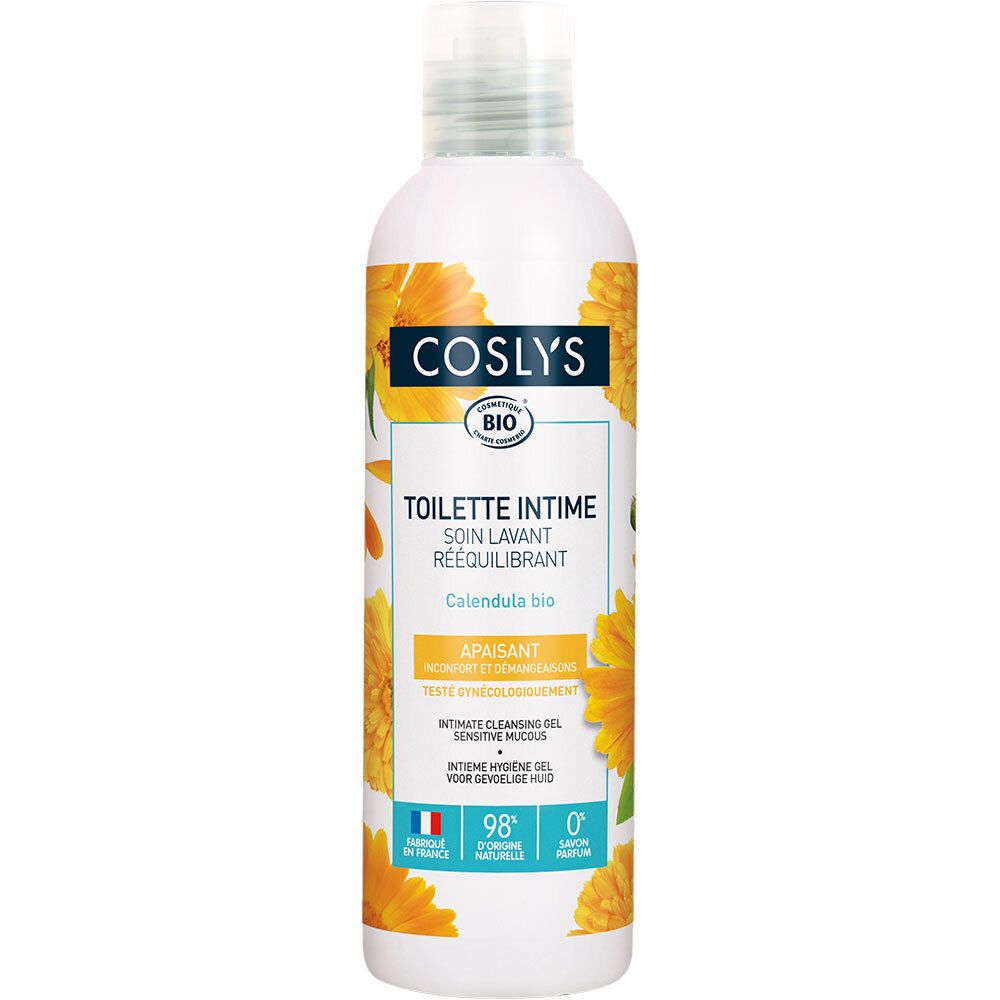 Flacon blanc avec étiquette jaune. Inscription : Coslys, Toilette Intime, Calendula bio. Drapeau français, 98% naturel.