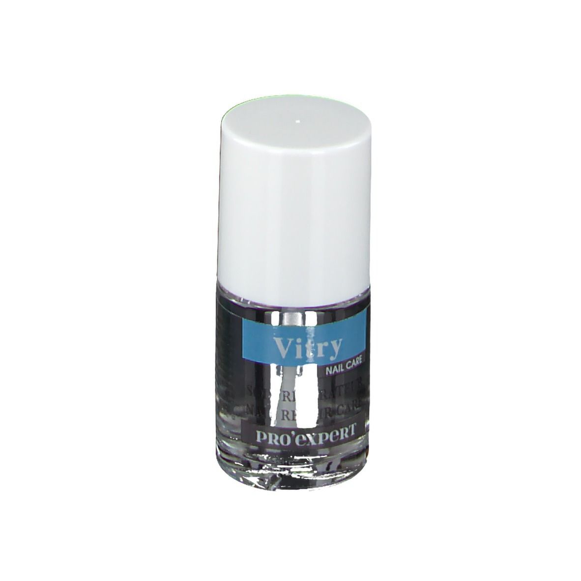 Vernis à ongles transparent en flacon de verre avec bouchon blanc. L'étiquette indique "Vitry Nail Care Pro'expert".