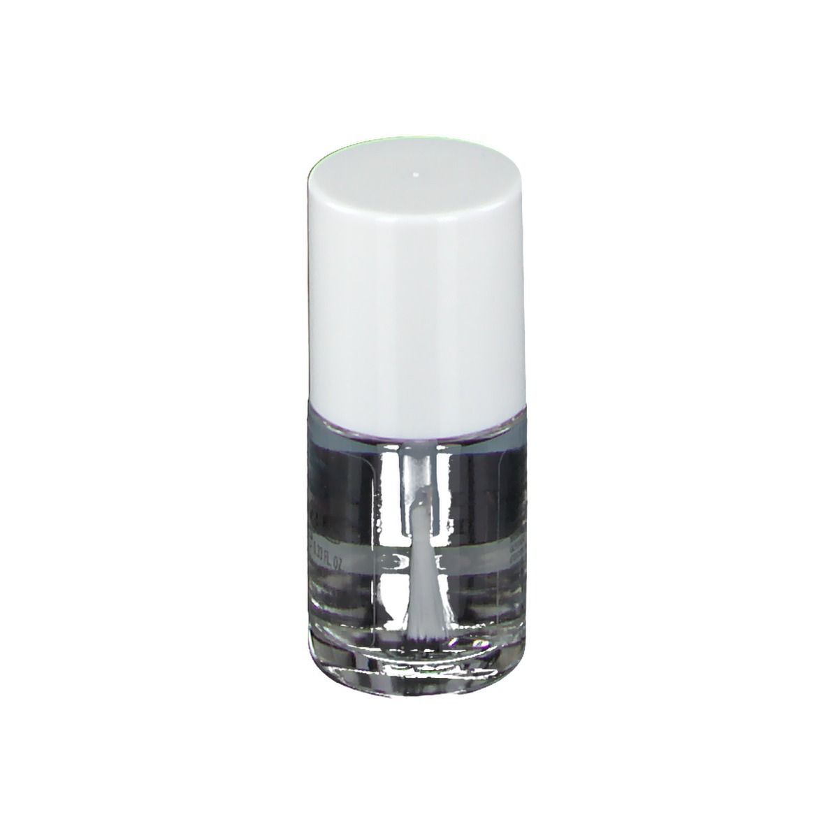 Flacon de vernis à ongles transparent avec bouchon blanc. Pinceau visible. L'étiquette indique "Vitry Nail Care Pro'expert".