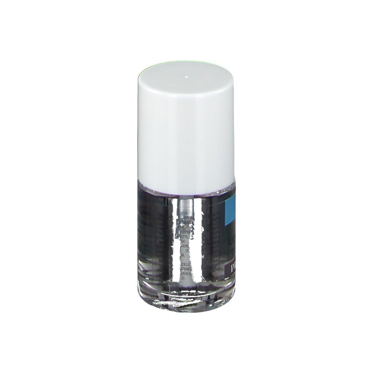 Flacon de vernis à ongles avec bouchon blanc. L'étiquette indique "Vitry Nail Care Pro'expert". Pinceau visible.