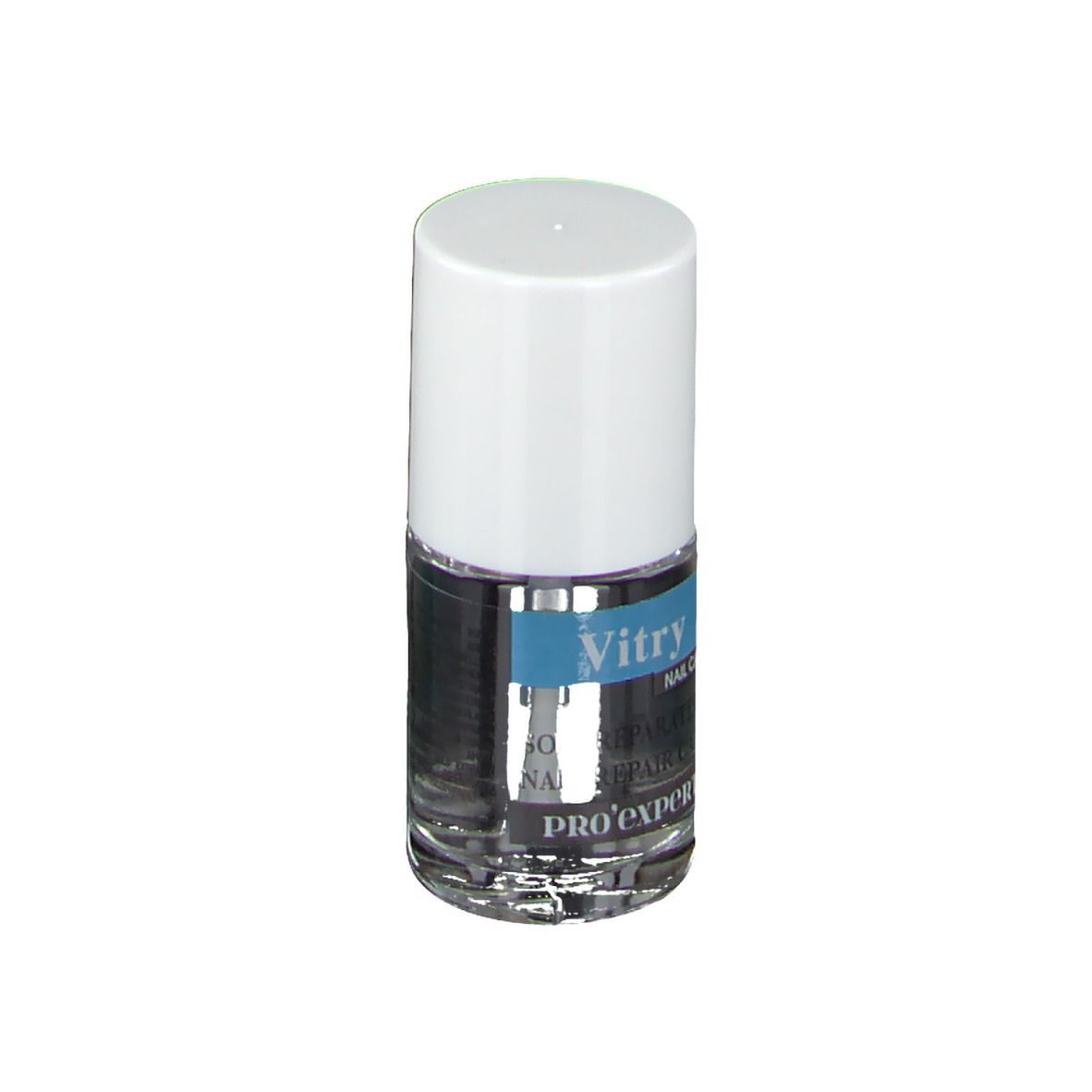Flacon de vernis à ongles avec bouchon blanc. L'étiquette indique "Vitry Nail Care Pro'expert". Pinceau visible.