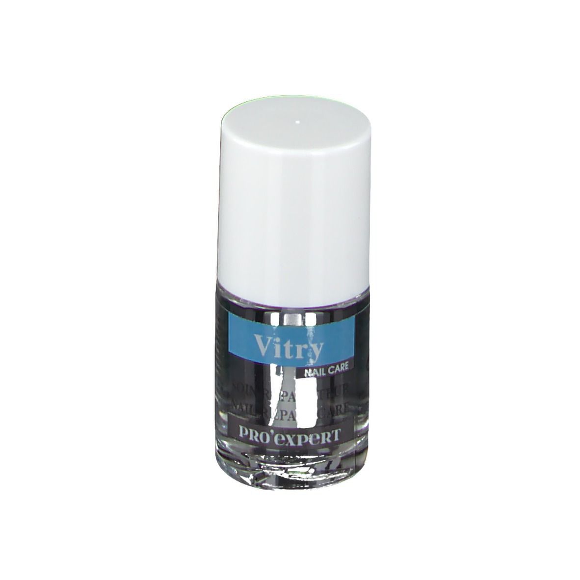 Flacon de vernis à ongles avec bouchon blanc. L'étiquette indique "Vitry Nail Care Pro'expert". Pinceau visible.