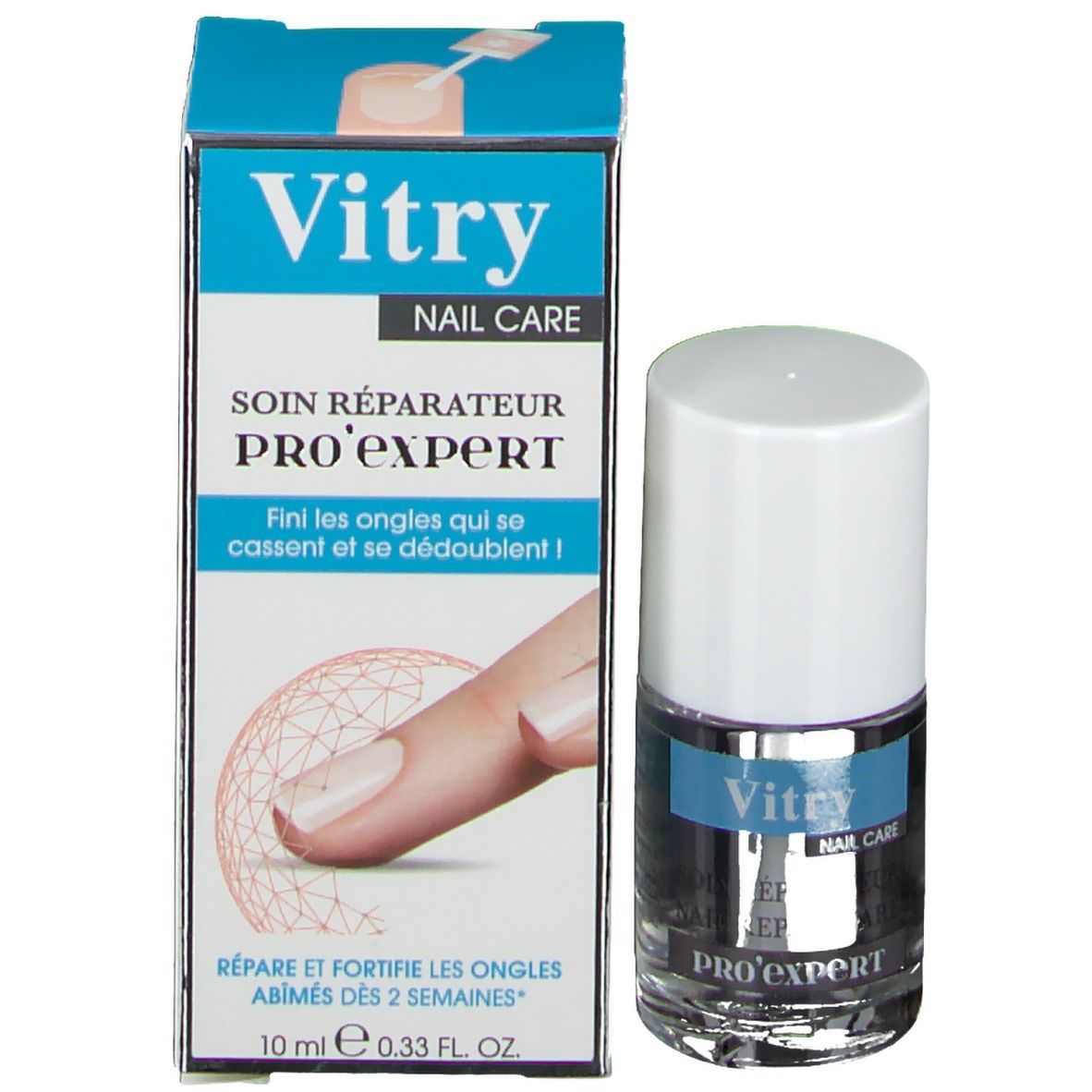 Flacon de vernis à ongles et emballage. L'emballage indique "Vitry Nail Care Pro'expert". 10 ml.