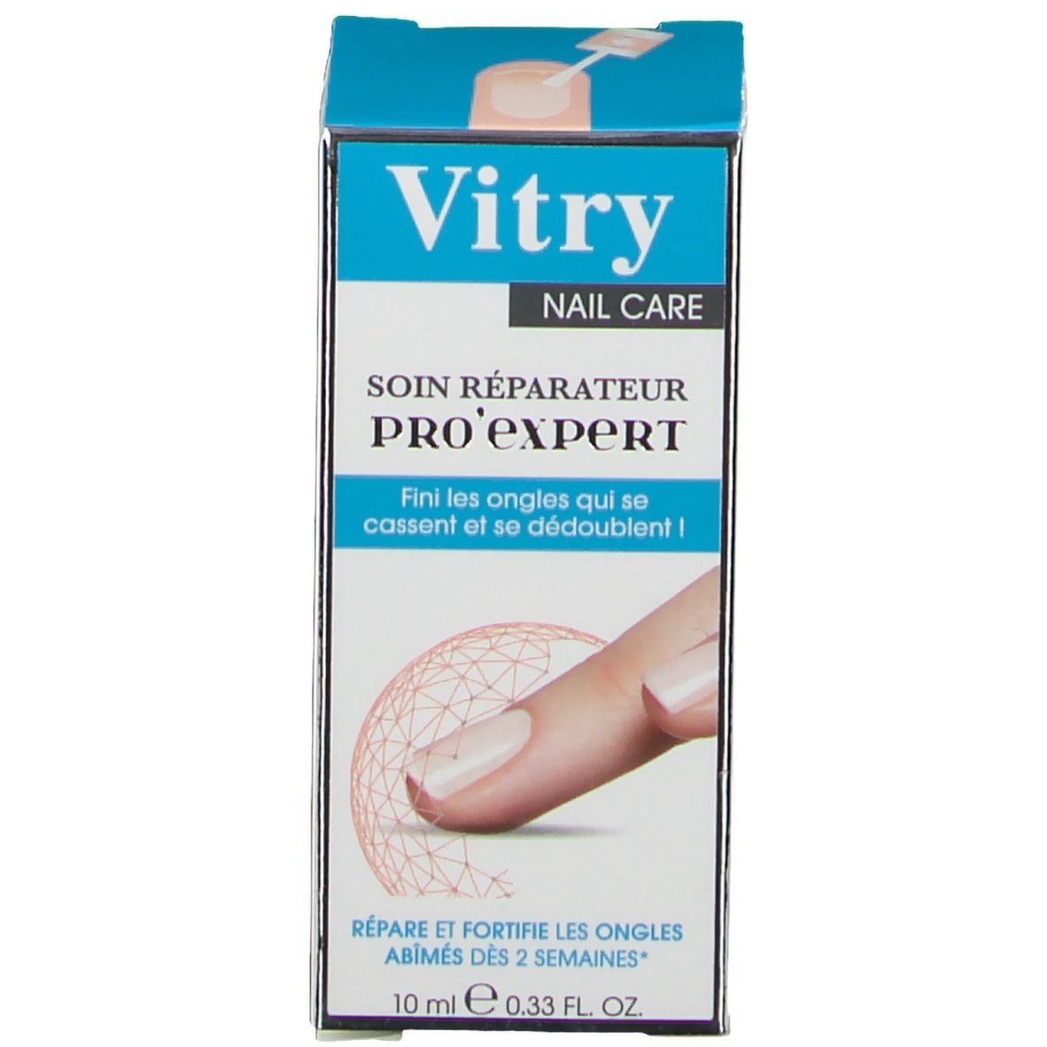Emballage de vernis à ongles. L'emballage indique "Vitry Nail Care Pro'expert". 10 ml.