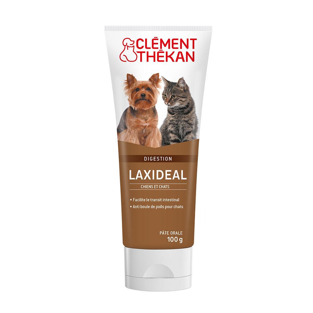 Tube de pâte orale Laxideal pour chiens et chats. Illustration chien et chat. Inscription: Digestion. Contenance 100g.