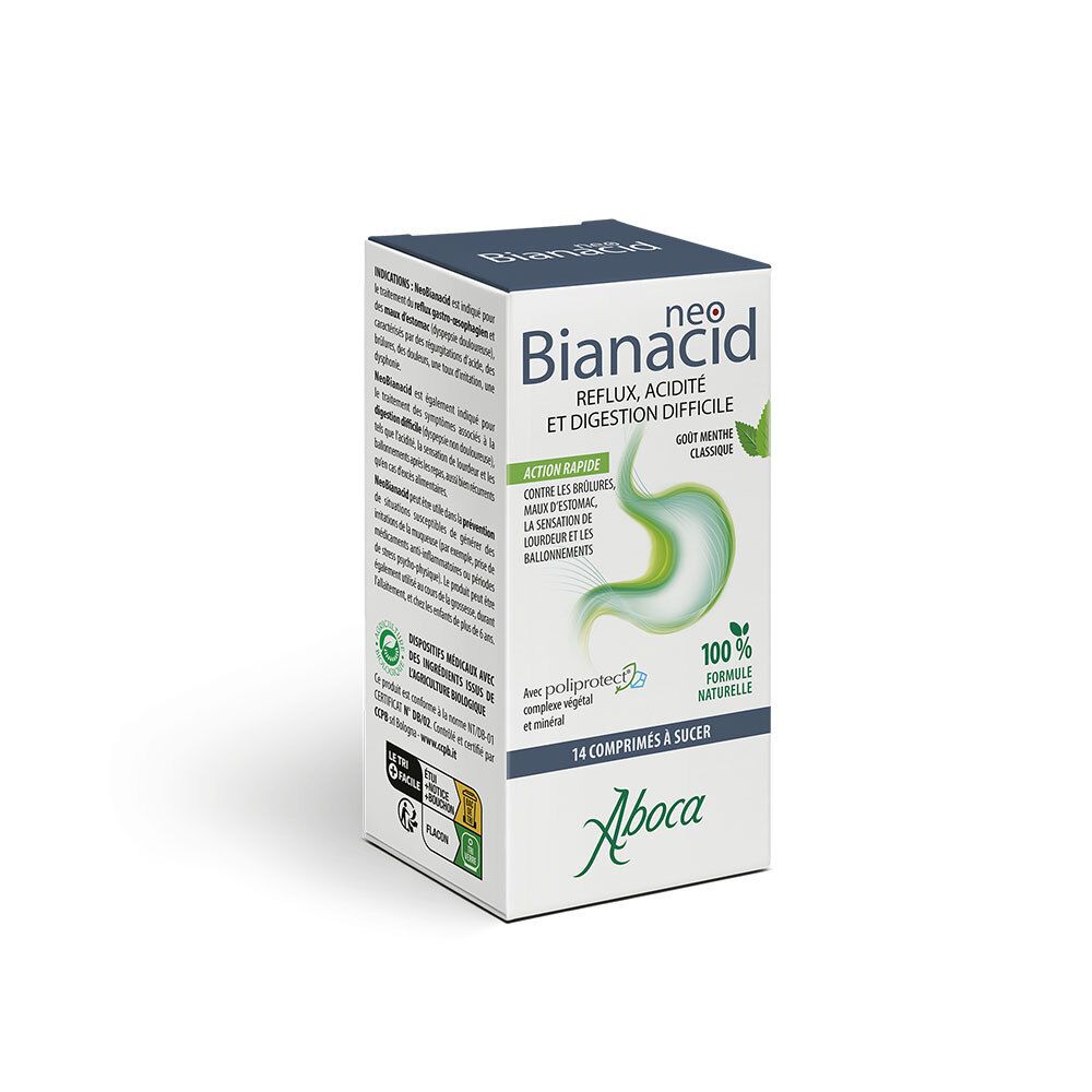 Boîte blanche NeoBianacid. Texte: Reflux, acidité et digestion difficile. 14 comprimés à sucer. Logo Aboca.
