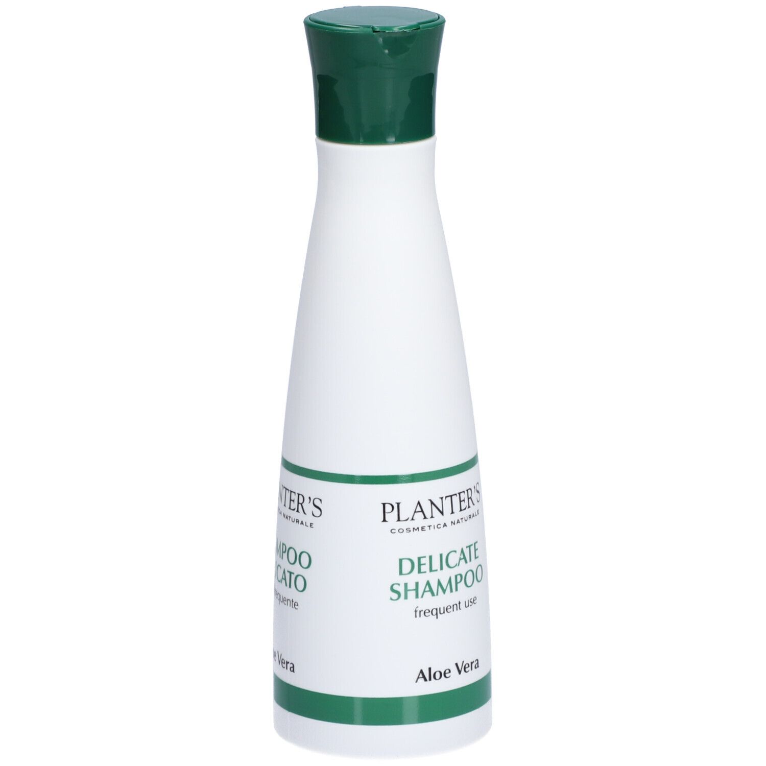 Flacon blanc et vert. Bouchon vert. Texte: PLANTER'S, Shampoo Delicato, Aloe Vera.