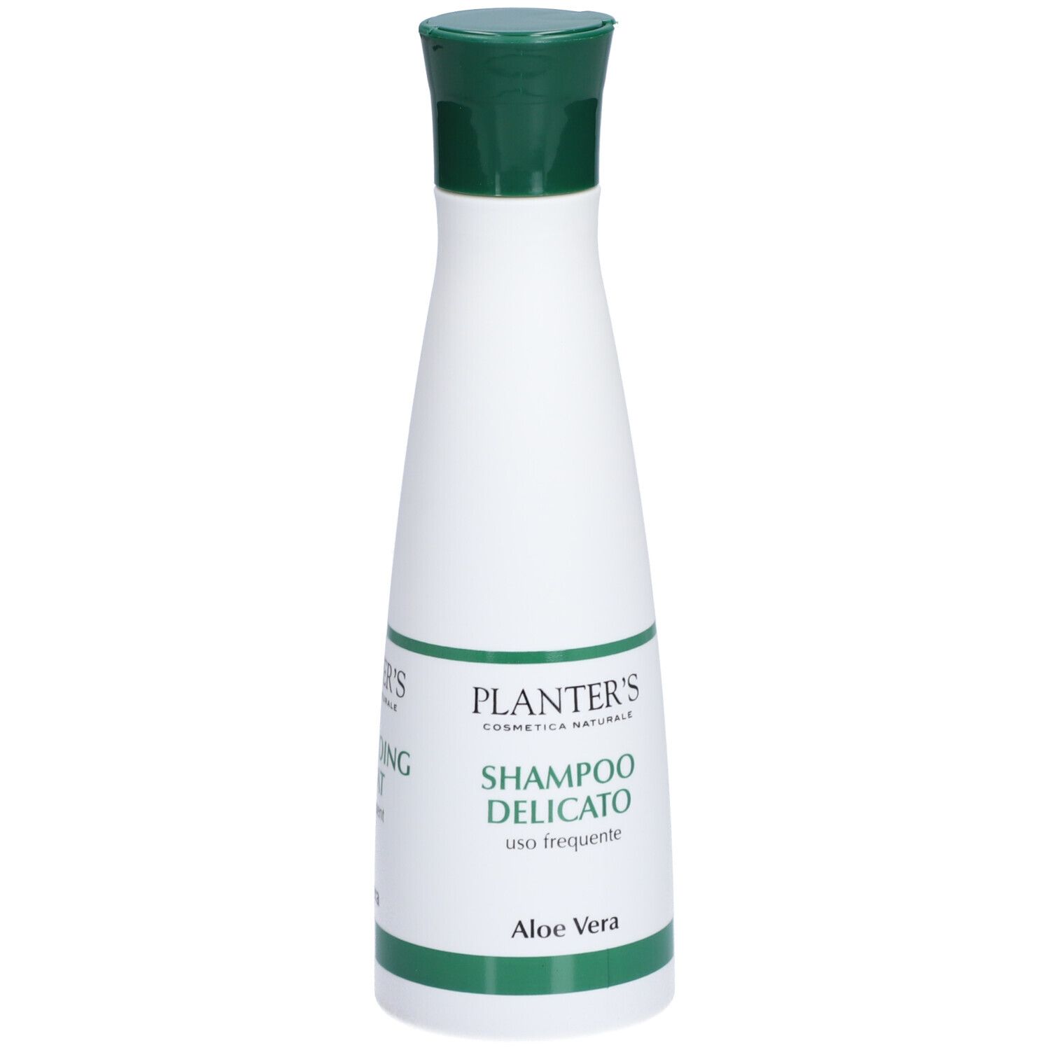 Flacon blanc et vert. Bouchon vert. Texte: PLANTER'S, Shampoo Délicat, Aloe Vera.