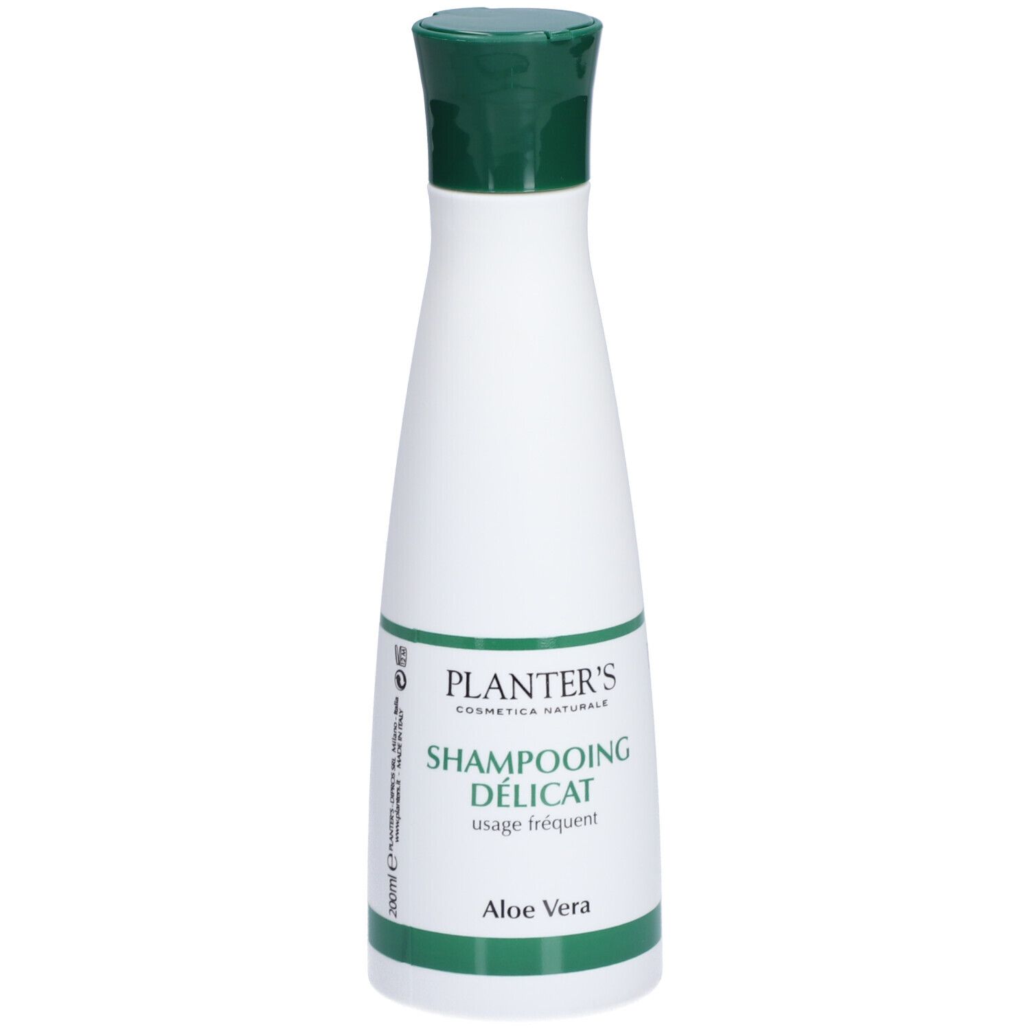 Flacon blanc et vert. Bouchon vert. Texte: PLANTER'S, Shampoing Délicat, Aloe Vera.