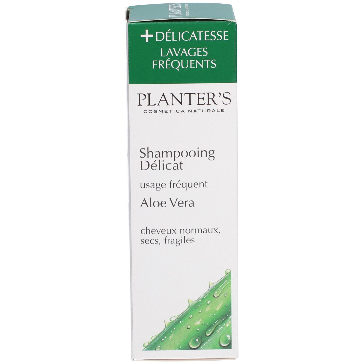 Emballage du produit. Texte: PLANTER'S, Shampoing Délicat, Aloe Vera. Boîte: + Délicatesse, Lavages fréquents.