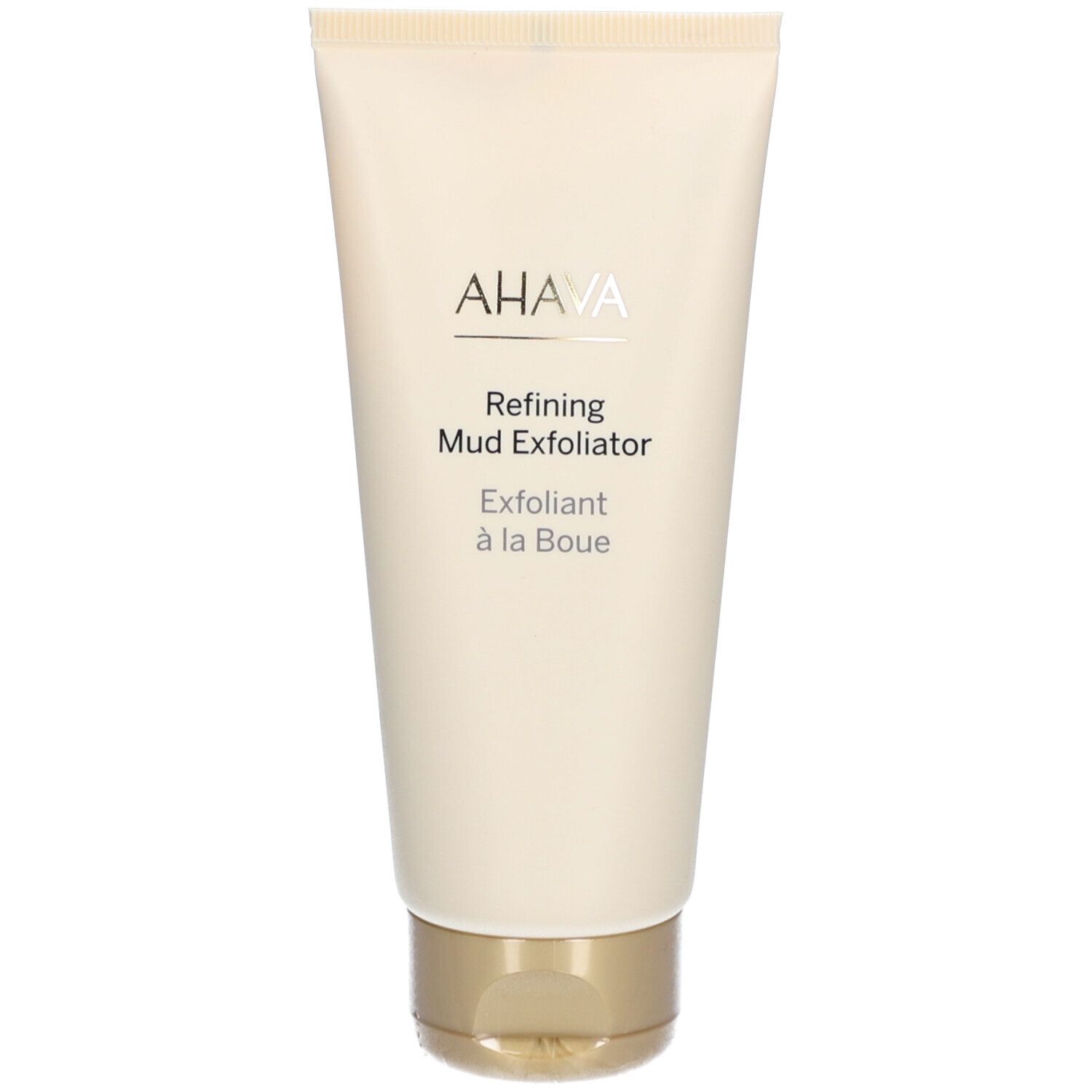 Beige tube met gouden dop. AHAVA-logo en productnaam 'Refining Mud Exfoliator' in zwart.