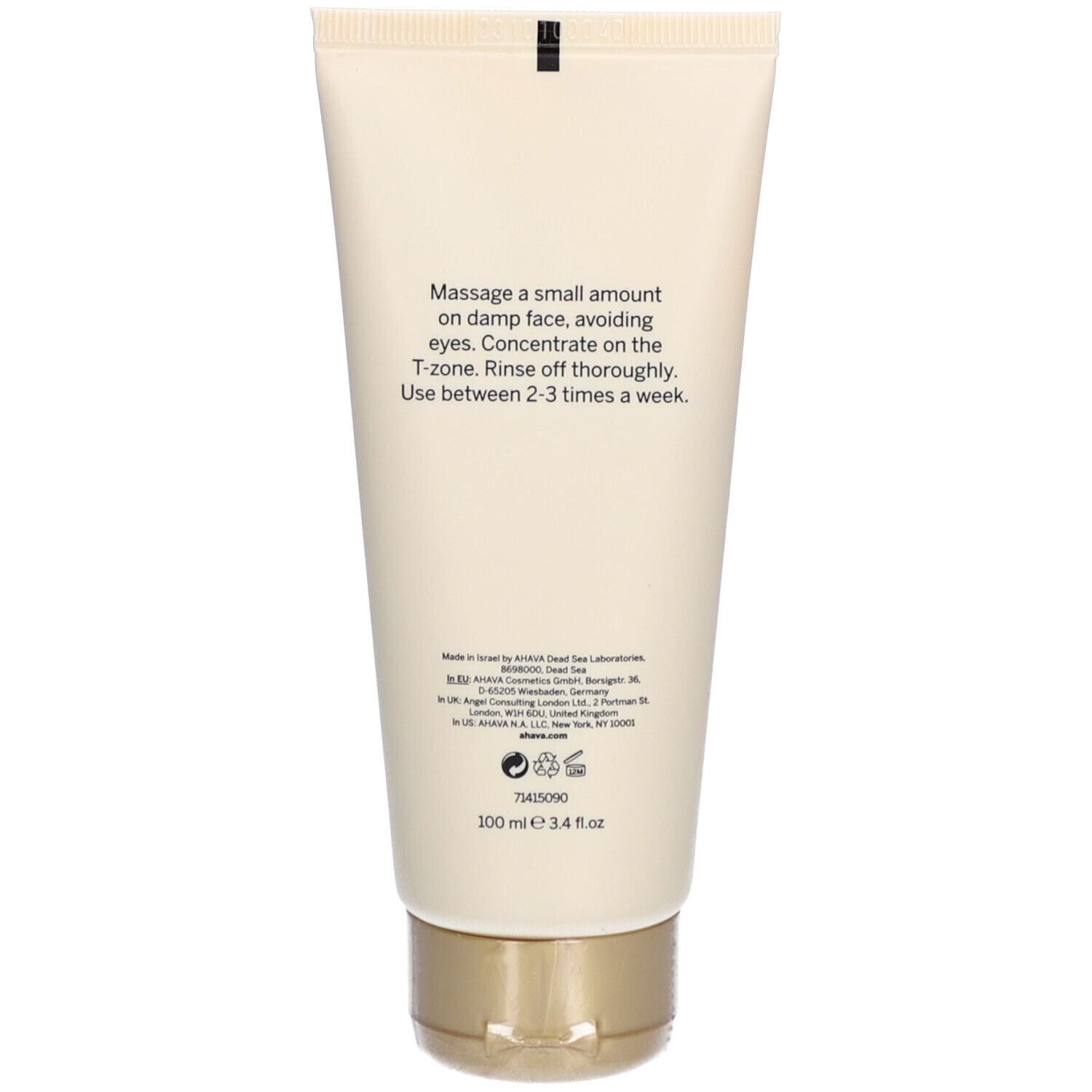 Achterkant van de tube. Tekst met gebruiksaanwijzing en fabrikantinfo. 100 ml, 3.4 fl.oz.