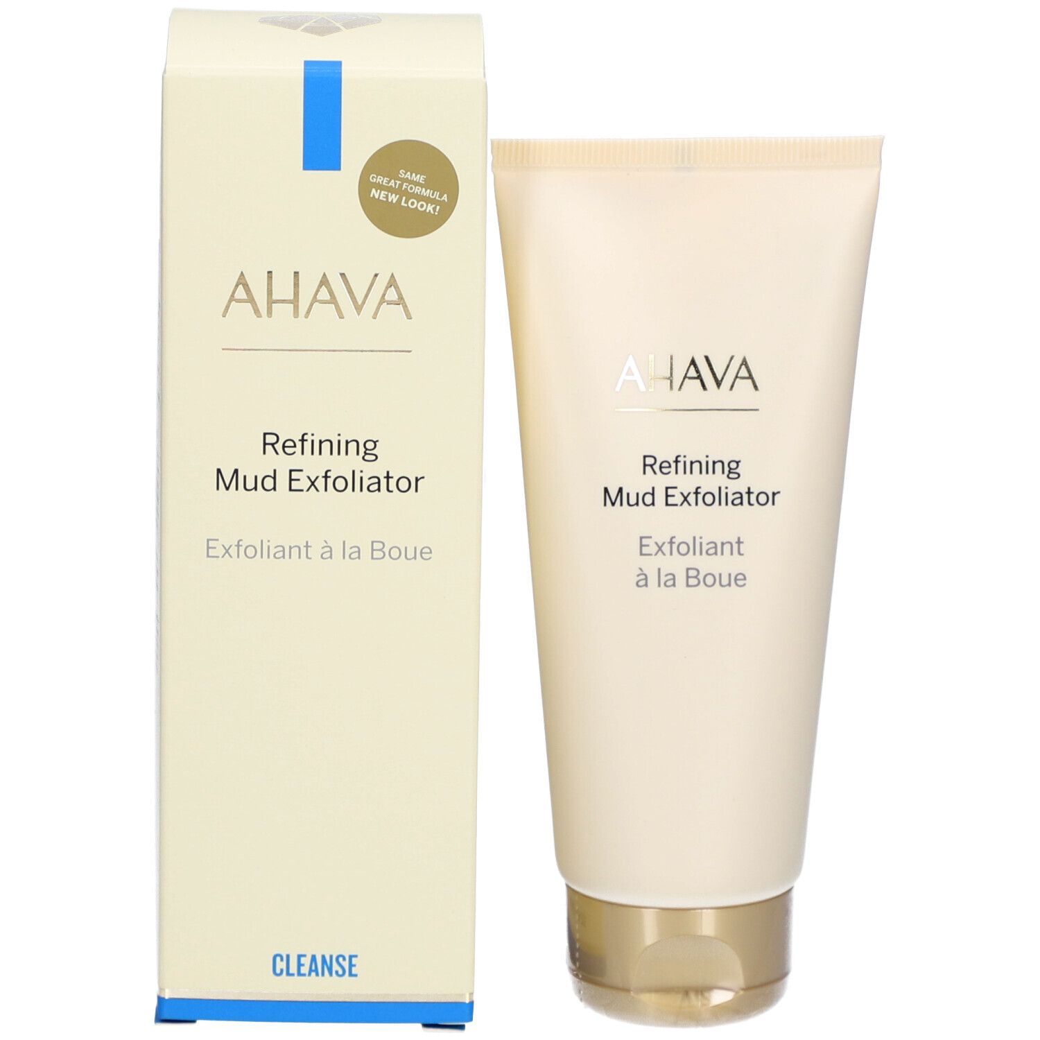 Productverpakking met tube en doos. AHAVA-logo, productnaam en 'CLEANSE' op de doos.