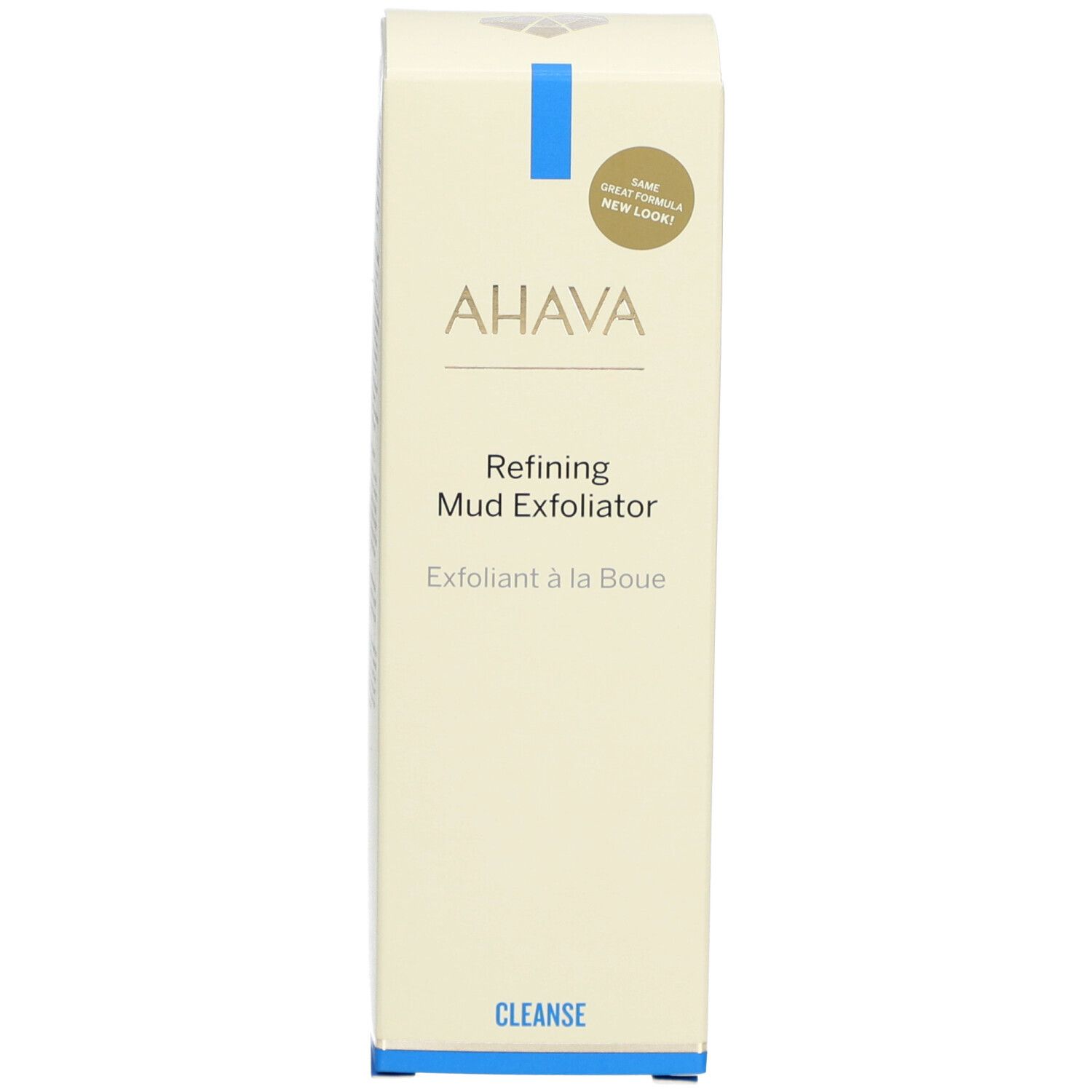 Hoge, rechthoekige productverpakking. AHAVA-logo, productnaam en 'CLEANSE' op crème achtergrond.